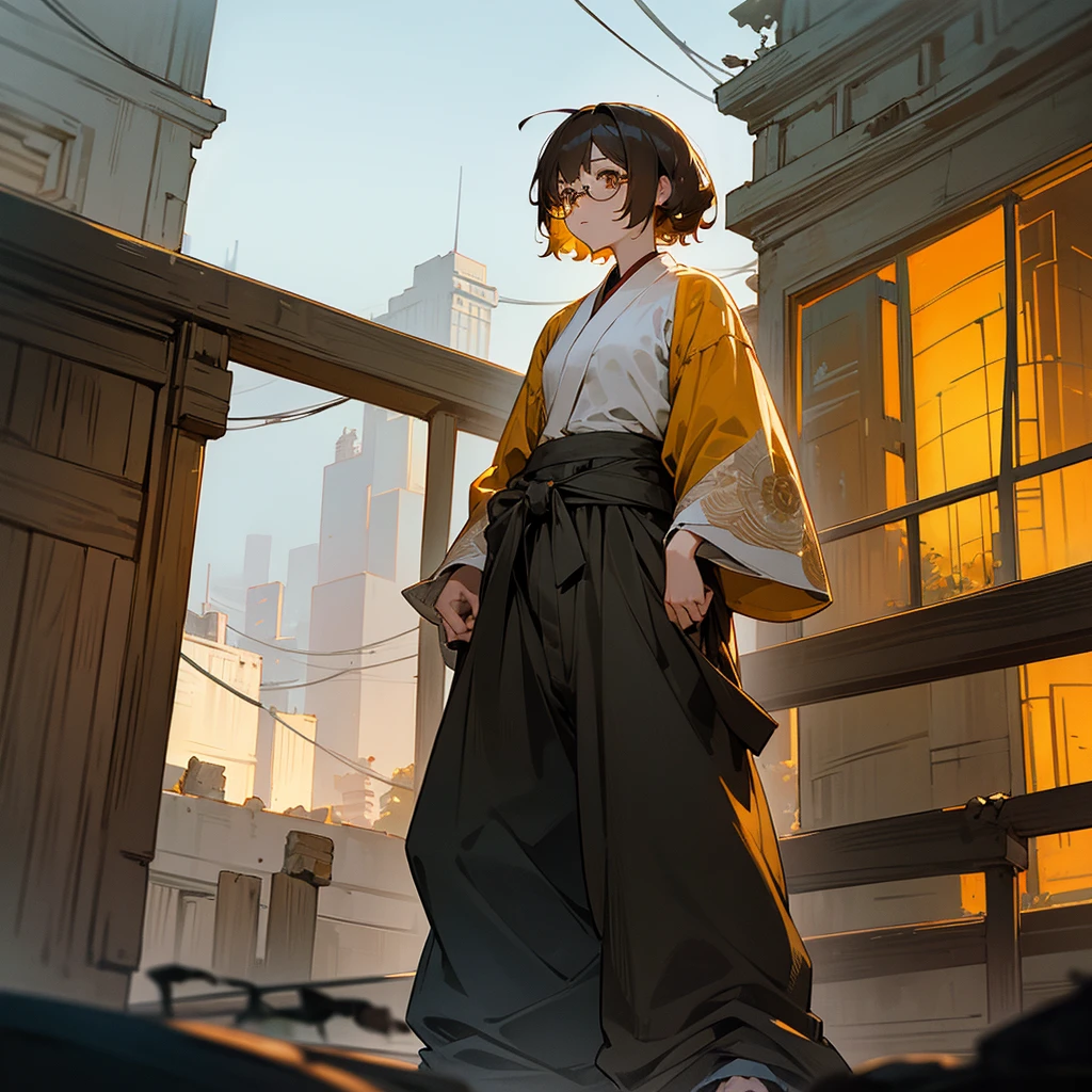 1female, adult, finely detailed honey eyes, curly short hair, marigold hair color, loose haori, baggy pants, standing on ruined building, night time, somber expression, muscular, scars, glasses