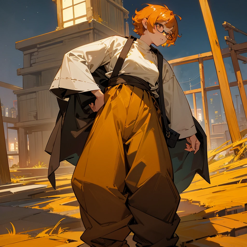 1female, adult, finely detailed honey eyes, curly short hair, marigold hair color, loose haori, baggy pants, standing on ruined building, night time, somber expression, muscular, scars, glasses