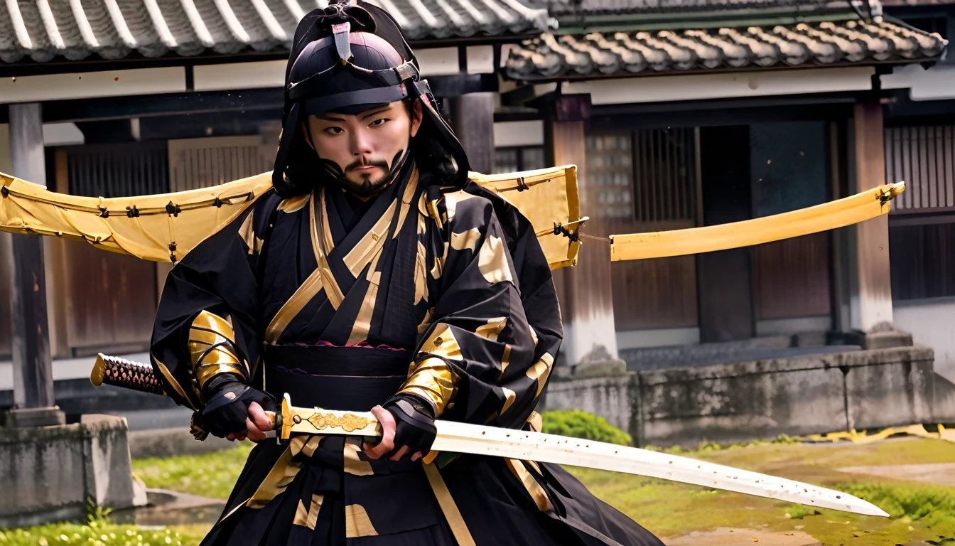 photograph, A man dressed in black and gold holding a sword (Fantasy Daimyo Style:1)