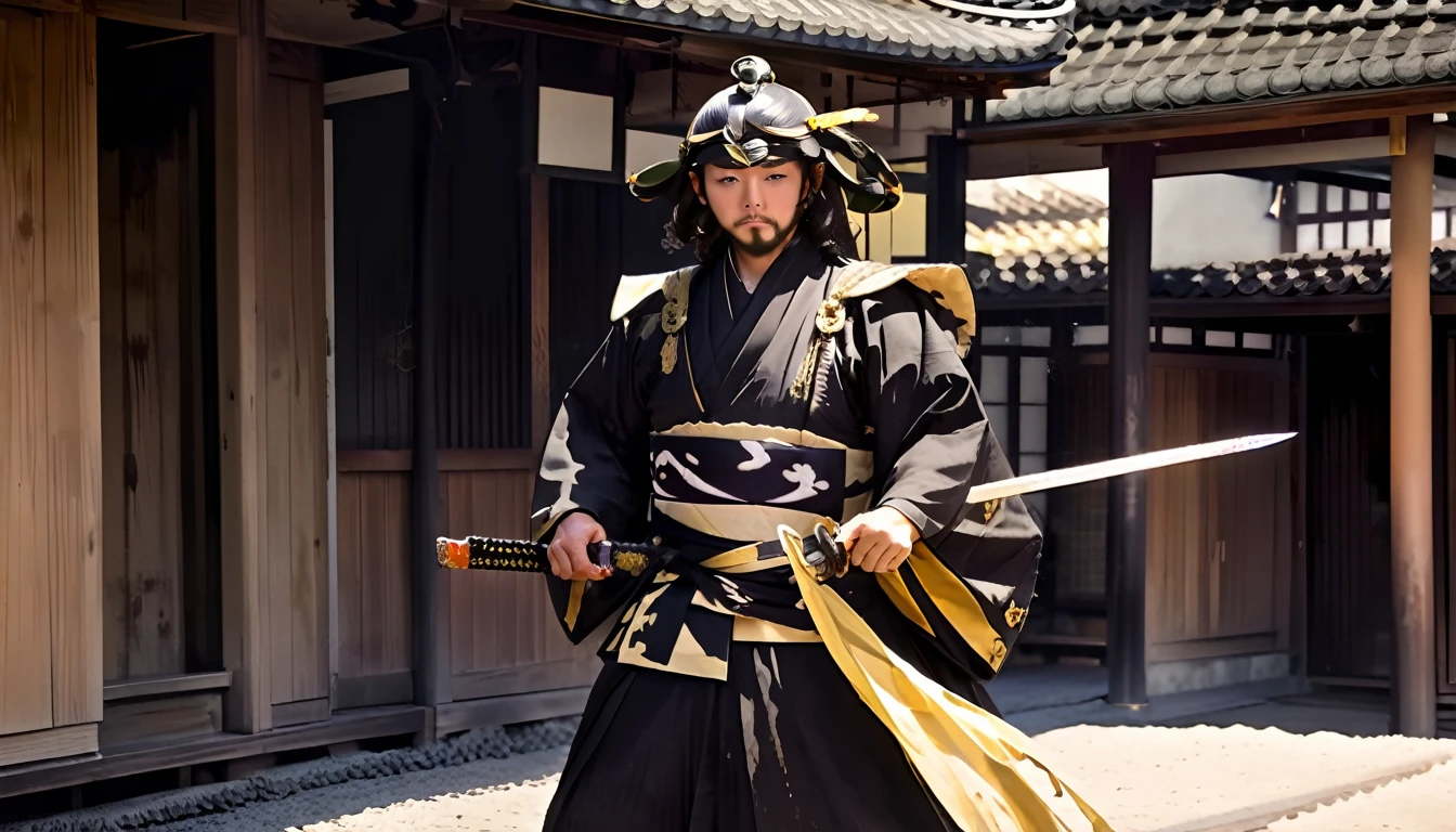 photograph, A man dressed in black and gold holding a sword (Fantasy Daimyo Style:1)