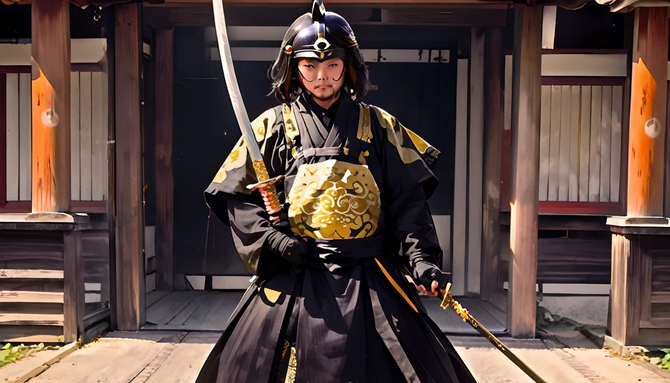 photograph, A man dressed in black and gold holding a sword (Fantasy Daimyo Style:1)