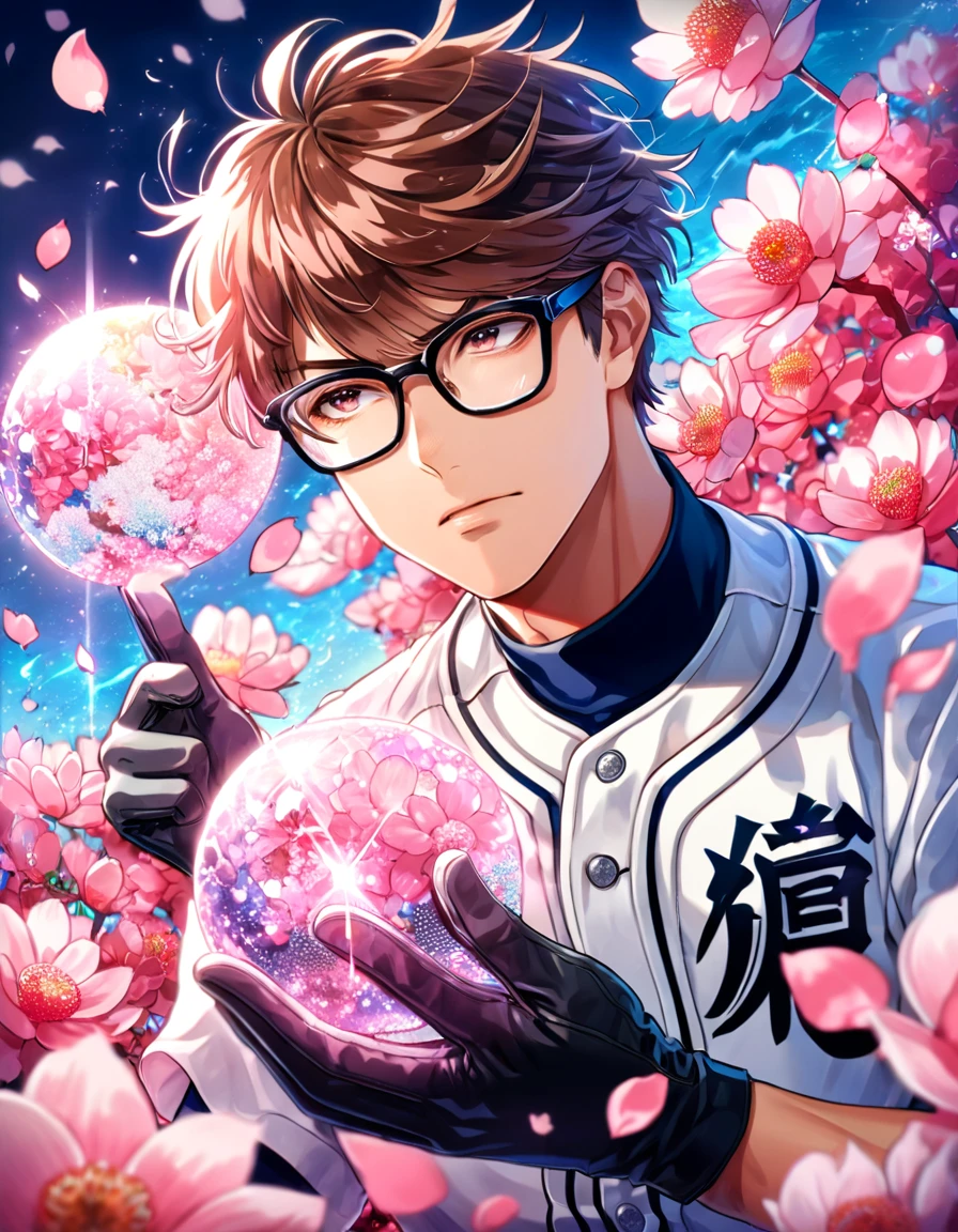 absurdres, highres, ultra detailed, HDR, master piece, best quality, Miyuki Kazuya, brown hair, messy and windswept, expressive amber eyes, glasses with black frames, diamond no ace, solo, sexy man, handsome, white baseball uniform, black gloves, magical, fantasy, shining, pink flowers, pink blossoms, pink butterflies, pink petals, water