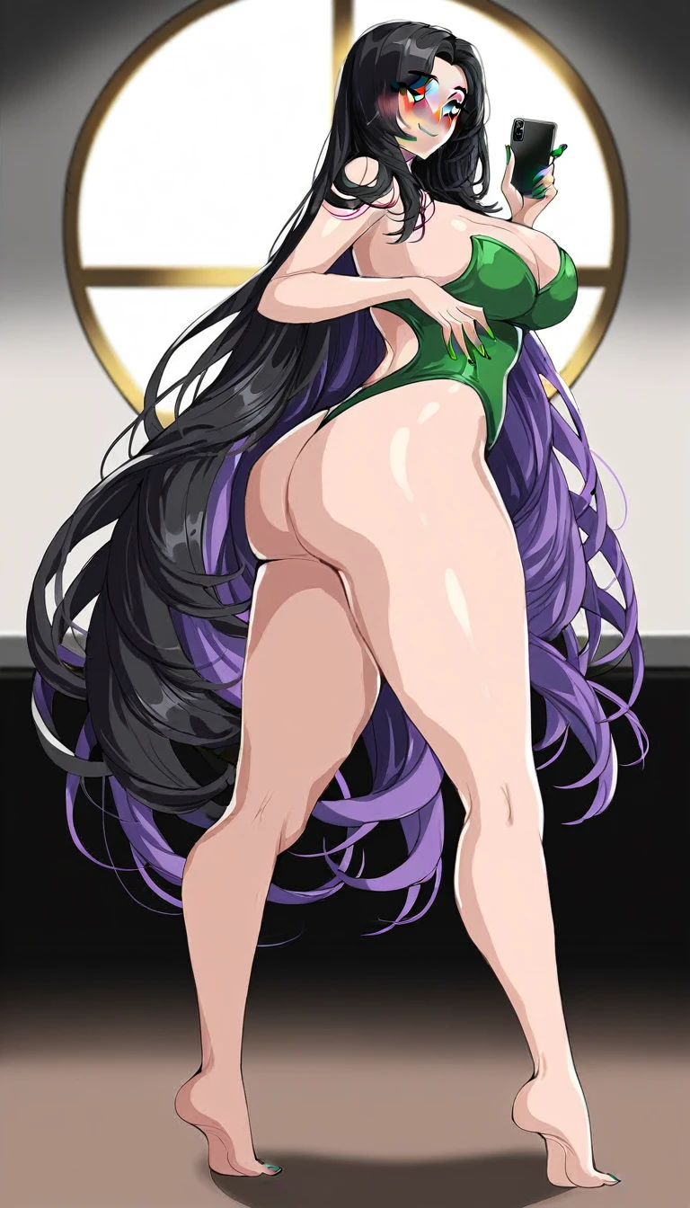 (highly detailed), high quality, masterpiece, (((beautiful))), (((full shot, back side view))), (((emily the emerald engine))), (((thomas the tank engine))), (((by drogod artist))), locomotive humanoid, athletic female, (((5 fingers))), (((5 toes))), big butt, large ass, (((white body, white skin))), emerald green nails, emerald green eyes, emerald green lipstick, eyelashes, eyeliner, black hair, (((light skin))), (((black eyebrowns))), (((thin eyebrowns))), very long hair, (((ass length hair))), Ironed hair, hair on the forehead, bubble ass, (((busty))), butt, (((emerald green highleg one pice swimsuit with gold strip))), (((cleavage))), (((feet detail))), fingers, humanoid feet, humanoid hands, (((horny face))), in love to the viewer, large bum, looking at viewer, nails, partially visible vulva, (((protective mother countenance))), pose, (((standing))), sensual eye, bedroom eyes, sensual body, smile, soles, soft soles, arched soles, tiptoes, feet blush, (((sole blush))), solo, sheap space, lying up, feet up, thick thighs, thighs together, toes, (((voluptuous))), large thigs, (((high thighs))), (((high hips))), wide hips, curvy figure, curvaceous, absurd res, hi res, signature, in a spaceship next to a large window space