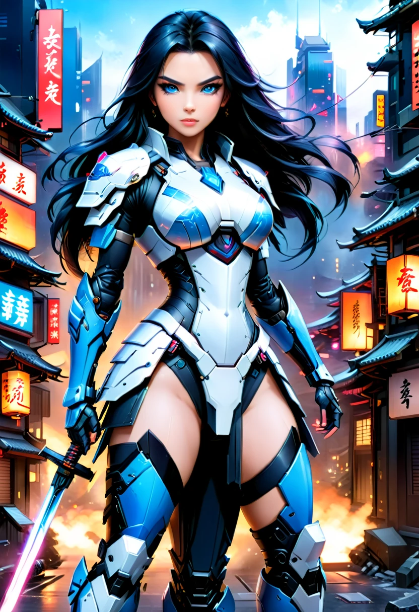 Japanese water color art picture of a mecha samurai woman in cyberpunk city, a mecha samurai woman, exquisite beautiful woman, (fully clothed: 1.3), black hair, long hair, (blue eyes: 1.3), she stands ready to battle, wearing (white mecha armor: 1.3), high heeled boots, she is armed with a Japanese sword, Japanese Cyberpunk city at night, background, (Masterpiece: 1.5), 16k, highres, best quality, high details, ultra detailed, masterpiece, best quality, (extremely detailed), arafed, mecha, 