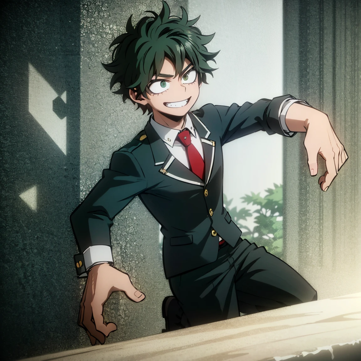 1boy, male focus, boku no hero academia, masterpiece, best quality, very aesthetic, absurdres, short curly hair, dark green hair, lime green eyes, devilish grin, gray jacket, red tie, white shirt, teal pants, boots