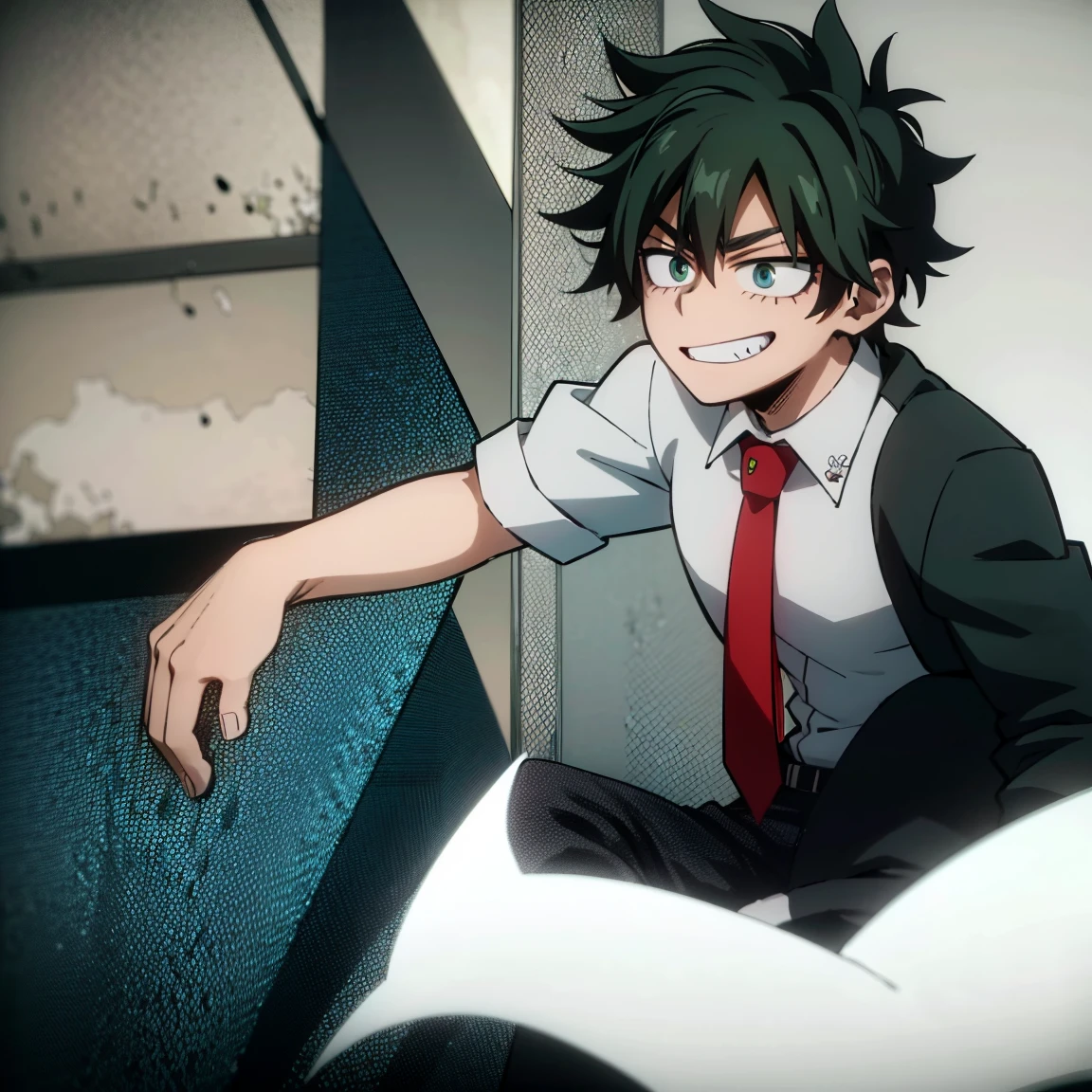 1boy, male focus, boku no hero academia, masterpiece, best quality, very aesthetic, absurdres, short curly hair, dark green hair, lime green eyes, devilish grin, gray jacket, red tie, white shirt, teal pants, boots 