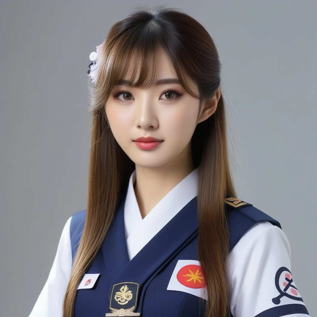 Korean girl, long hair, wearing japan uniform, poses to camera, Anime style