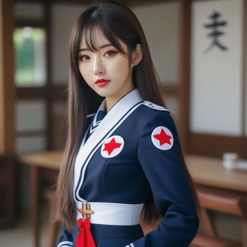 Korean girl, long hair, wearing japan uniform, poses to camera, Anime style
