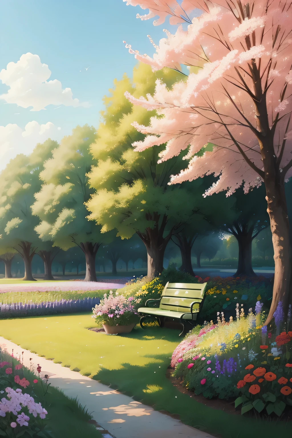 Una pintura de un paisaje de verano, Green trees and flowers., with a park bench in a flower garden, midday light.