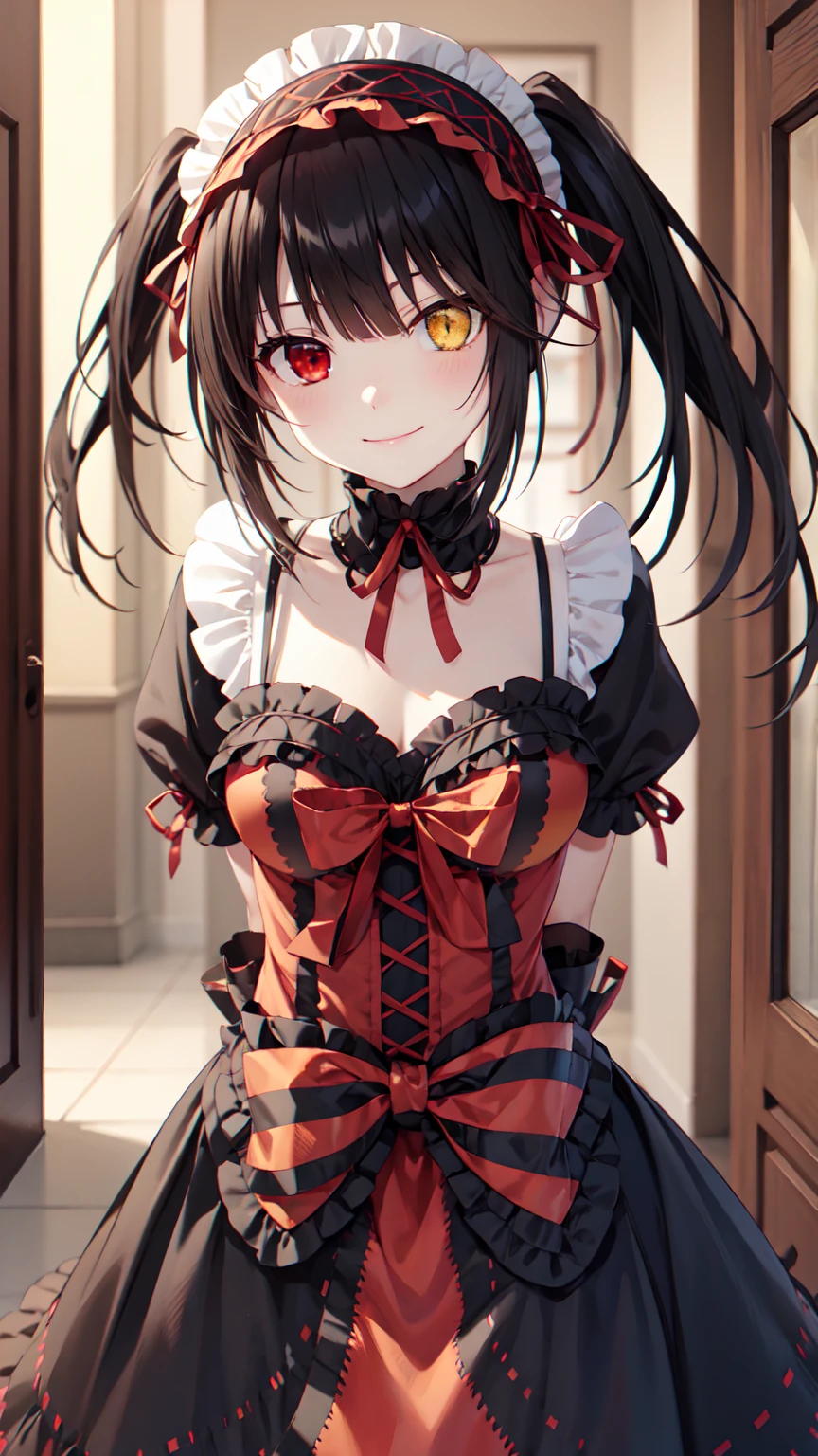masterpiece, The best quality、street、Put your arms behind your back、Black Hair, Long twin tails bunches, (Yellow eyes:1.2), Heterochromia iridum, (Red Eyes:1.2),Tokisaki Kurumi、Smile,Gothic ta Clothing Accessories、victorian maid tiara、Black Ribbon、Shut up、Gothic Lolilothing Accessories
