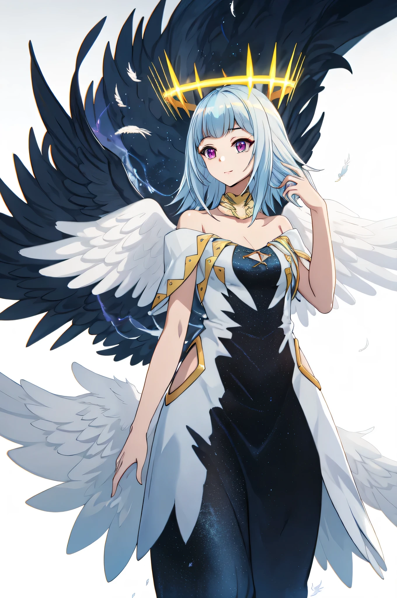 masterpiece, best quality, AltSiaV4, 1girl, solo, white background, dress, wings, halo, feathered wings, angel wings, angel, multiple wings, 