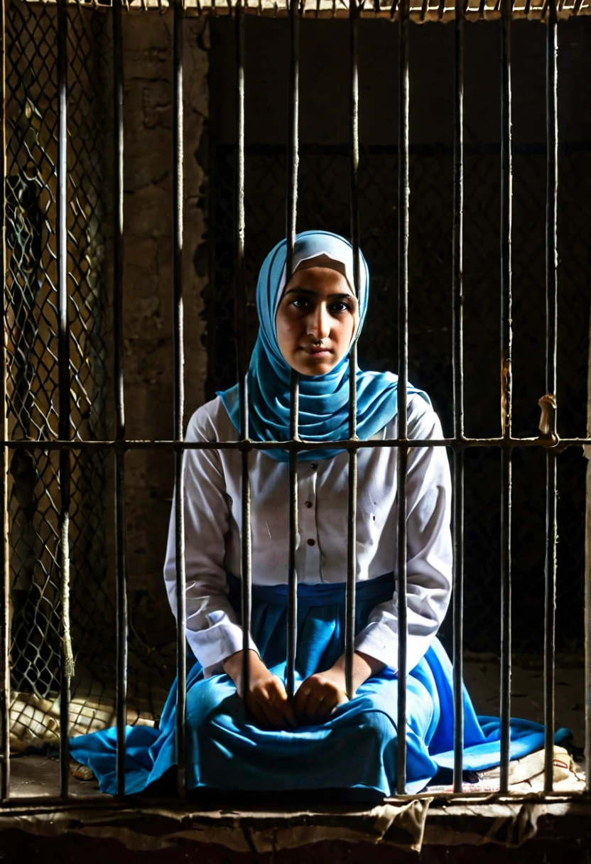 Kurdish girl in straight hijab sitting behind shutter prisoned prison cage abandoned room dark room portrait