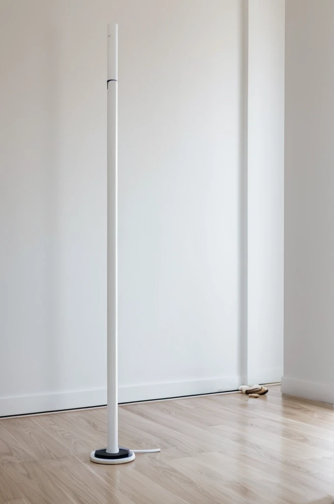 a empty white room with a cat scratch pole in the backround