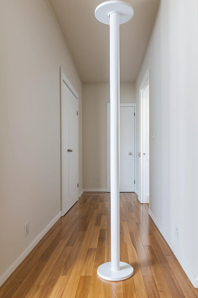 a empty white room with a cat scratch pole in the backround