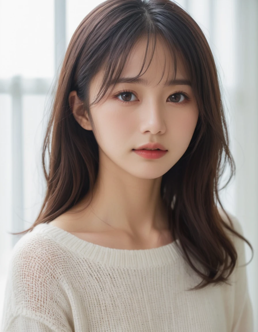 japanese woman, (close-up:2), (natural lighting),wavy hair, forehead, (dark brown eyes),(from side), (downward slanting eyes),pouty,
(white sweater),(dyanmic posing)
(see-through curtain, bright room)