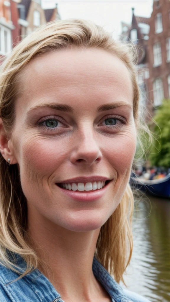 raw closeup of a stunningly beautiful Young woman, looking in the cam and dressing wonderfully, stunning and the quality of the picture's realistic by the canals of holland, shops selling gouda cheese, RAW, 8K, UHD, natural lighting, perfect day, amateur, candid, extreme close up, 