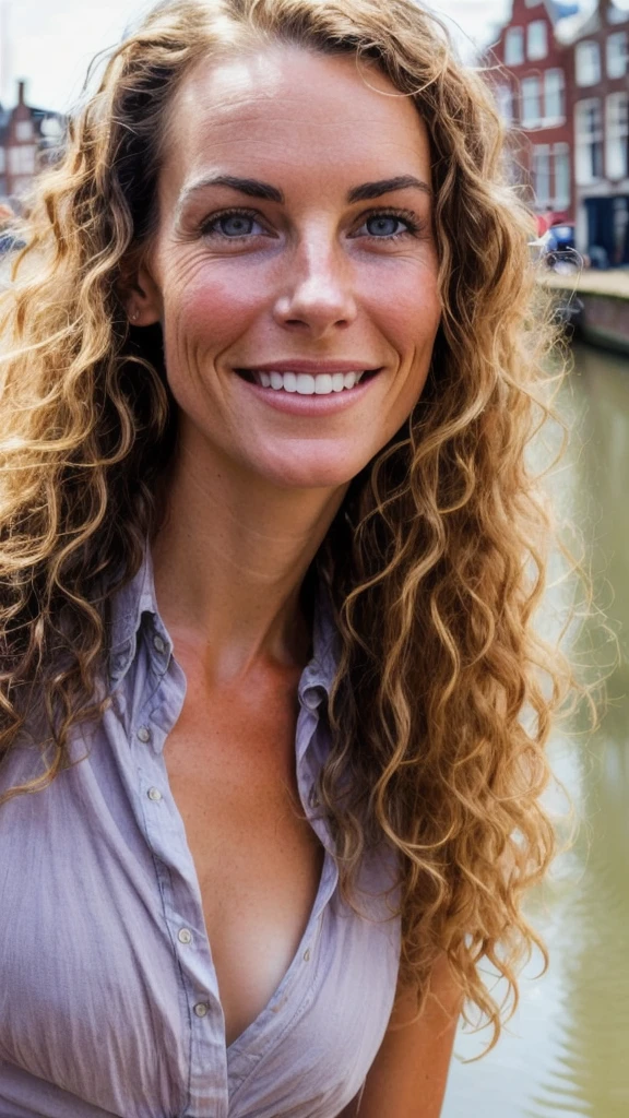 raw closeup of a stunningly beautiful Young woman, looking in the cam and dressing wonderfully, stunning and the quality of the picture's realistic by the canals of holland, shops selling gouda cheese, RAW, 8K, UHD, natural lighting, perfect day, amateur, candid, extreme close up, 