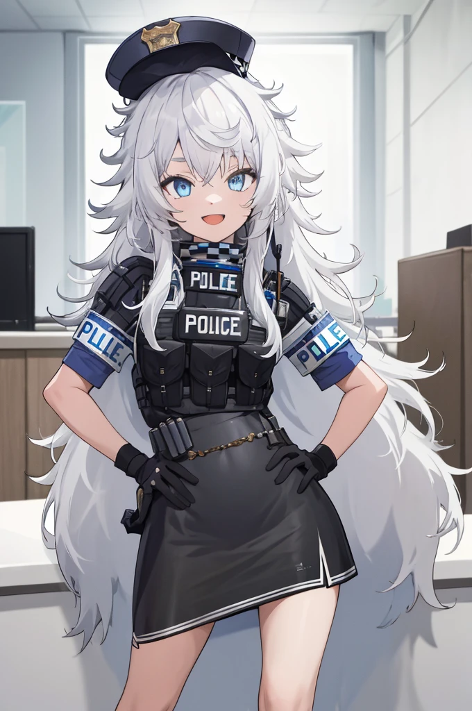 masterpiece, best quality, highres, 1girl, solo, long hair, hat, blue eyes, white hair, messy hair, black gloves, white socks, police uniform, black skirt, short sleeves, indoors, office, hand on hip, smile, open mouth,