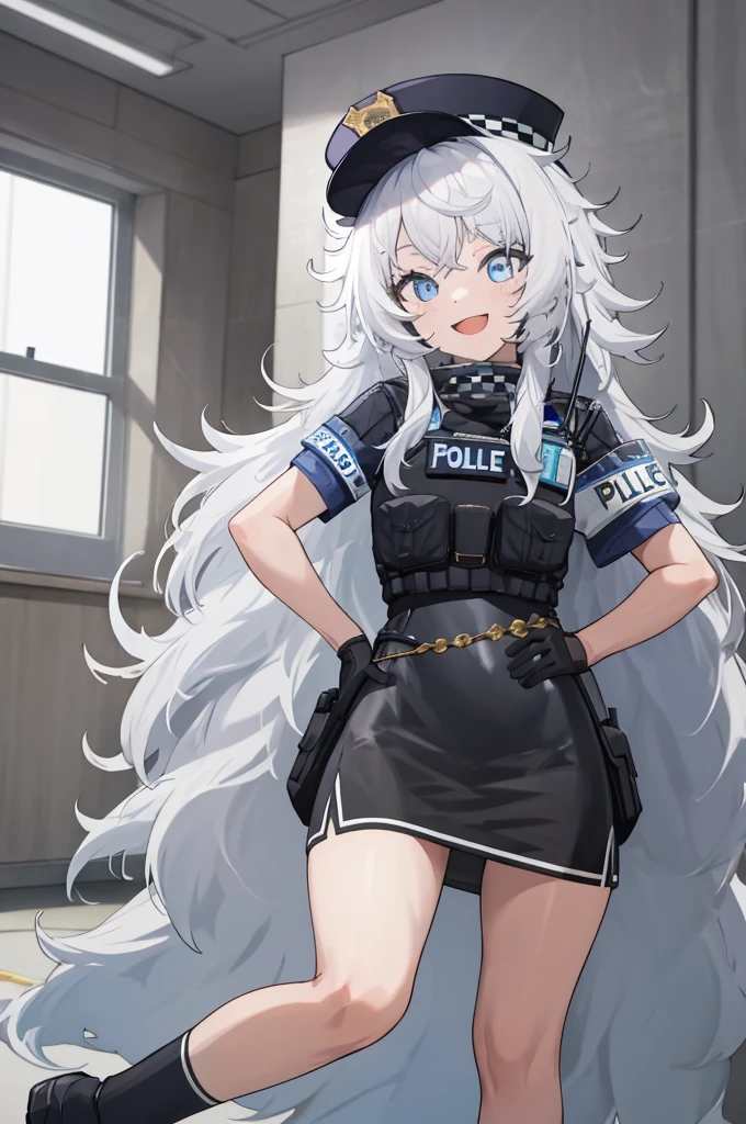 masterpiece, best quality, highres, 1girl, solo, long hair, hat, blue eyes, white hair, messy hair, black gloves, white socks, police uniform, black skirt, short sleeves, indoors, office, hand on hip, smile, open mouth,