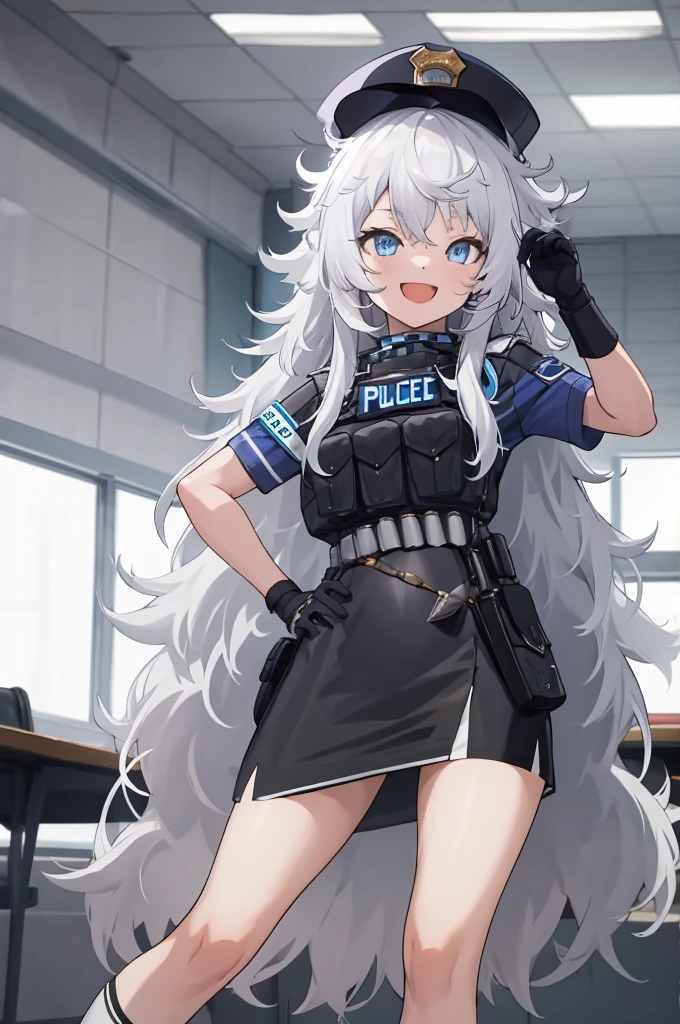 masterpiece, best quality, highres, 1girl, solo, long hair, hat, blue eyes, white hair, messy hair, black gloves, white socks, police uniform, black skirt, short sleeves, indoors, office, hand on hip, smile, open mouth,
