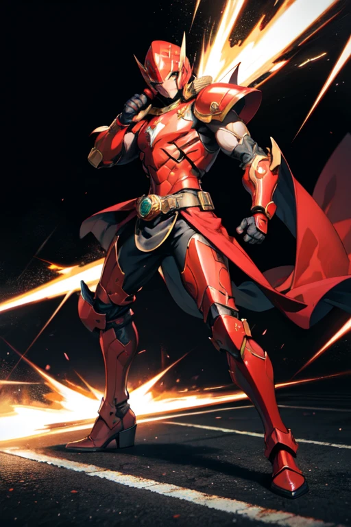 ((best quality)), ((masterpiece)), (detailed), 1 man, full body, 30s, black masks, red helmet that covers his entire head, head without anything, helmet with a flashlight on his forehead, black collar, tall and muscular, very large, red armor, transparent electricity tubes on his chest, large red gloves, red wristbands, red suit, fist emblem with lightning bolts on his chest, fist, red pants, black knee pads, metallic red boots, superhero belt, lightning bolts in the air, hitting the track, lightning bolts come out, night city background, anime
