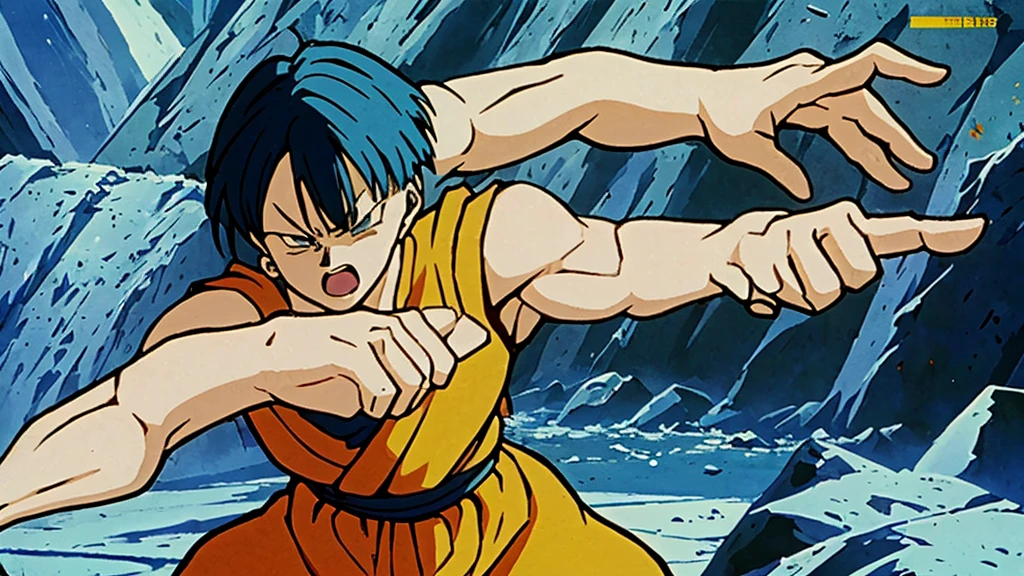 Create an image of Goku and Bulma fighting at 100% of their power in a completely destroyed environment.