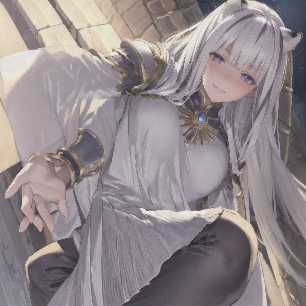 ((masterpiece)), (best quality), (ultra-detailed), photorealistic, (best illustration), ((an extremely delicate and beautiful)), 1girl, solo, long hair, tiger ears, [:tiger tail under:0.2], white hair, two-tone hair, full body, knight armor, crimson glowing details on armor, amulet on neck, Bracelets, crimson crystals in Bracelets, long lilac cape, open eyes, evil purple eyes, looking at viewer, malicious smile, blush, in space, goddess, low twin braids, loosen hair, quiet gesture, white armor, cybernetic armor, hyper detailed space,best illumination. 