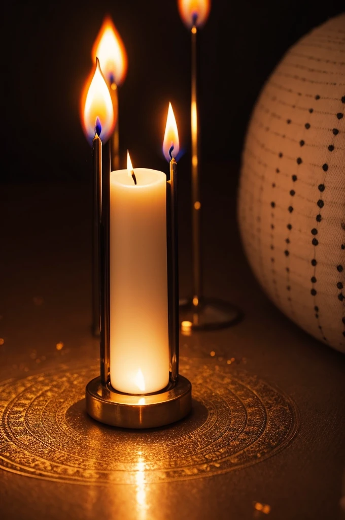 The flame of a candle burning in a dark room with dots of lights around it.