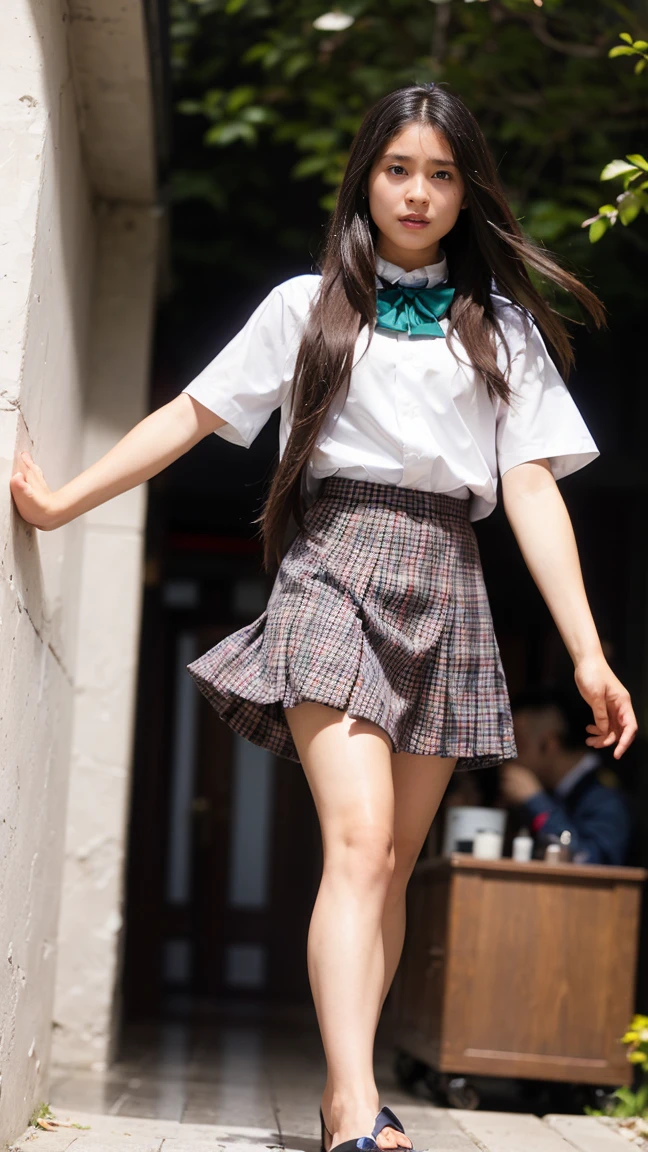 ((Viewing angle from below、Highest quality、masterpiece、32k、Every detail))、Descend the outdoor stairs、commute、Systemic symptoms、Traditional navy blue sailor uniform、White blouse、Pleated skirt、(((A strong wind blows my hair and skirt away:1.62)))、(( I always wear the strap of my bag across my body....:1.22))、One Girl, alone、(((mini skirt, No underwear:1.22)))、Big Breasts、barefoot, High heels