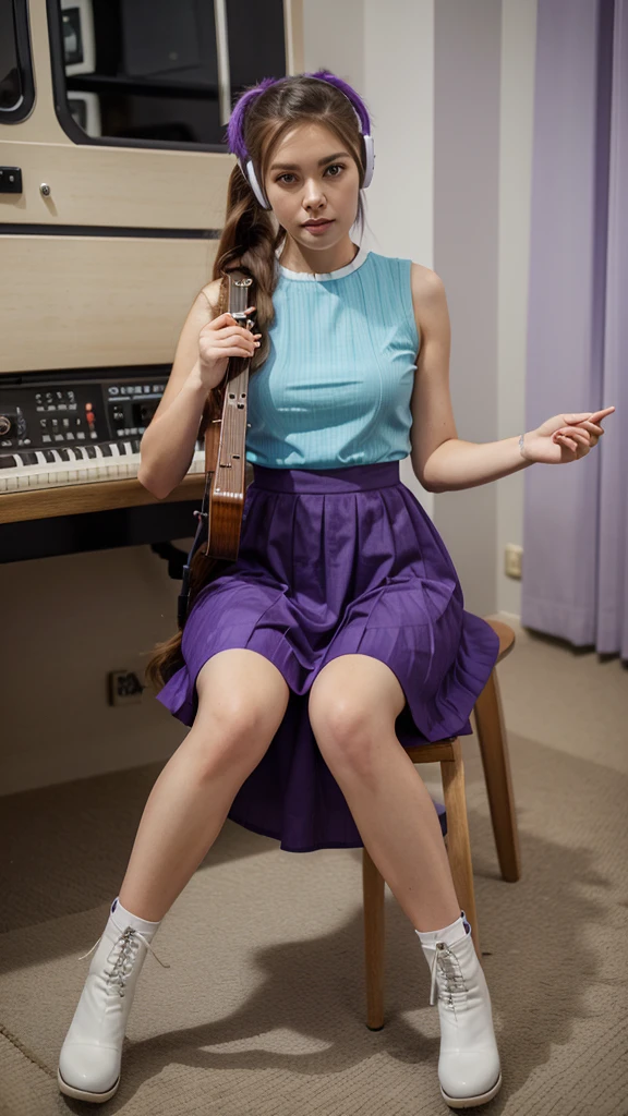 ((masterpiece, best quality))1girl, solo, fashion purple dress modern future, electric guitar, headphones, ponytail, holding, holding plectrum, instrument, very long brown hair rapunzel, music, one side up, teal hair, twin tails, playing guiter, pleated long skirt fashion, fashion dress modern purple and white, interior, full body, purple, sit down in modern retro classic chair, walking, jumping, beautiful boot modern, background japan art future, costume cosplay japan