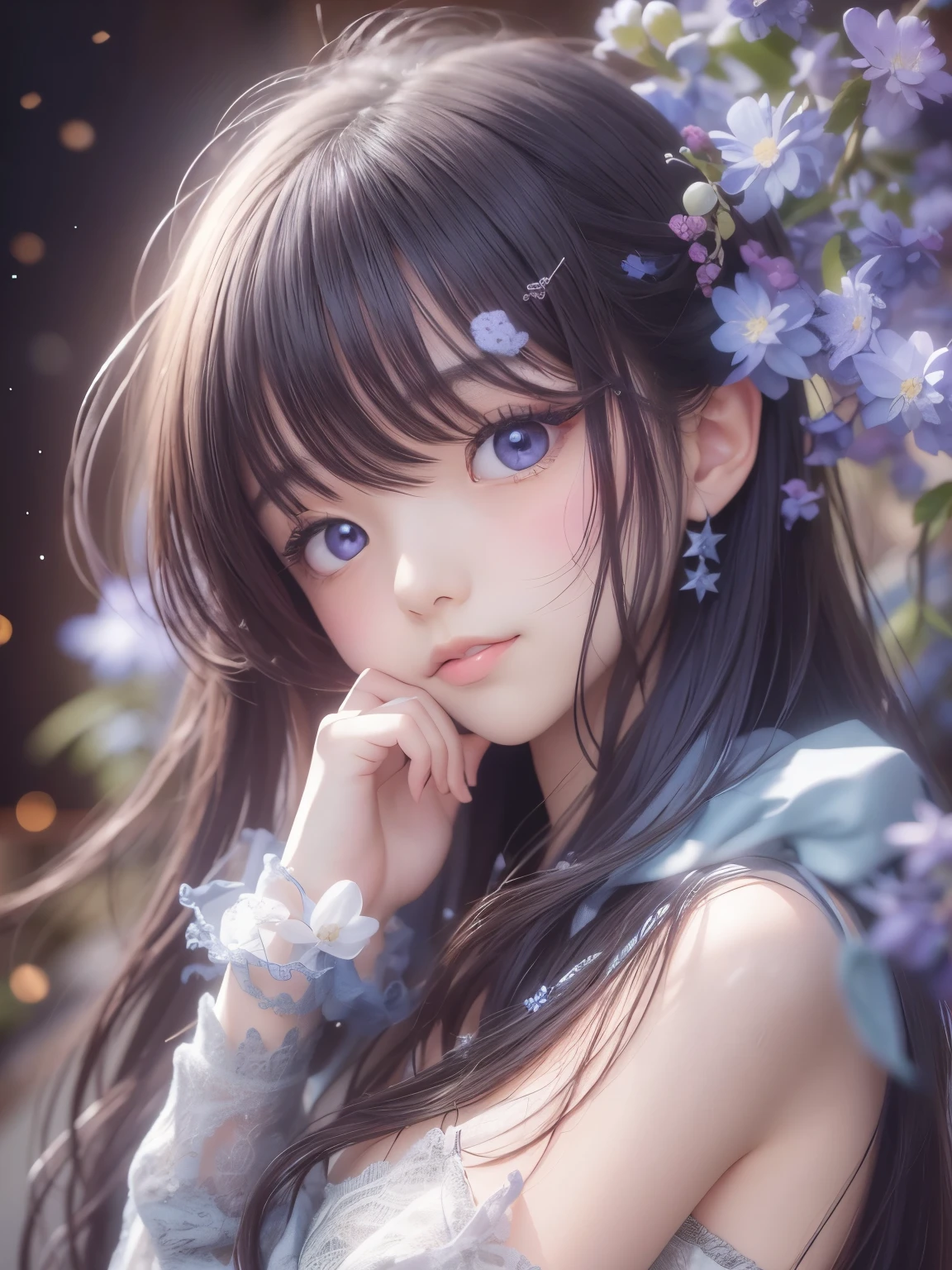 8age、Real masterpieces, Highest quality, Highly detailed shape,1 Girl,alone, Image body, flower, Looking at the audience、 Purple eyes, Jewel-like eyes, Very beautiful eyes, Highly detailed face,, , star (null), star座, Purple Energy, handrail, 流star、Shiny, straight, long hair down to the waist, Beautiful shiny bangs、16k、photograph、quality、