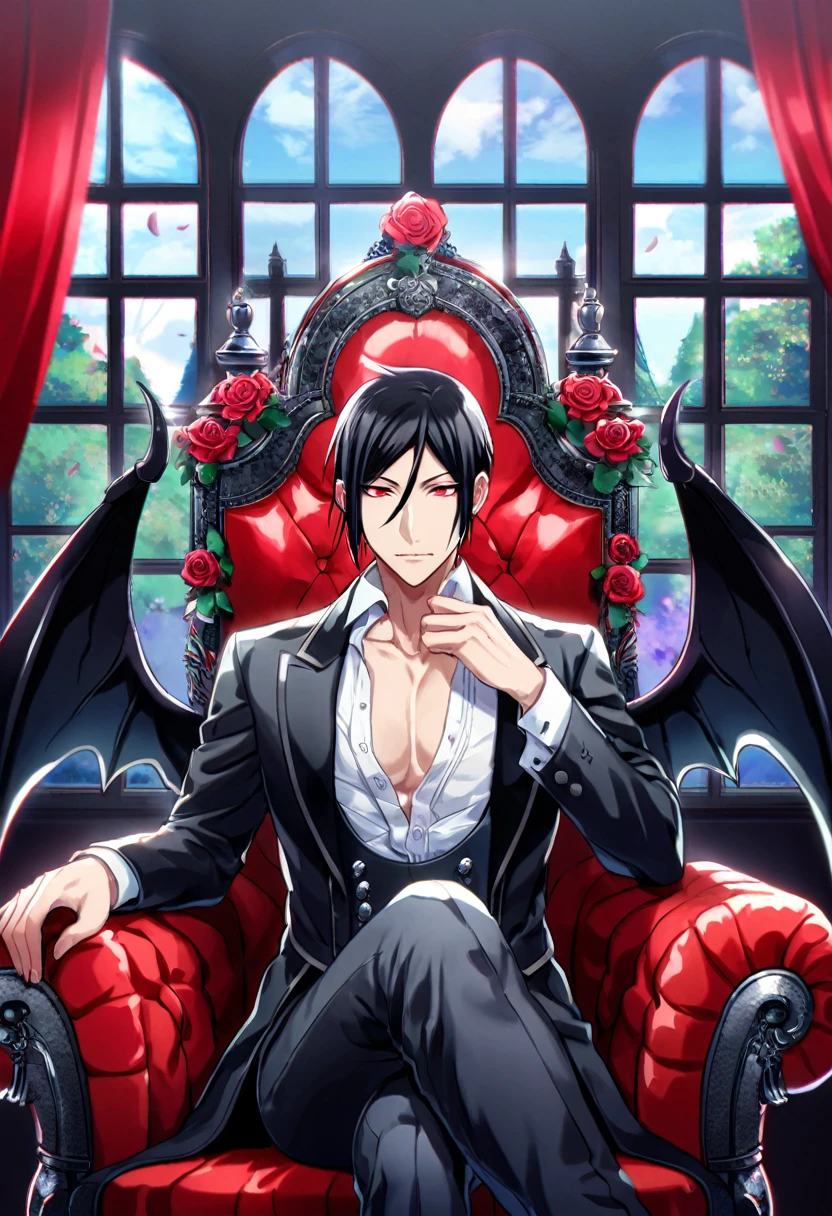 Ultra detailed, Highres, absurdres, HDR, Sebastian Michaelis, black hair, expressive red eyes, black coat with patterns, Kuroshitsuji, white shirt, fantasy, red curtains, petals, handsome, sexy man, solo, very detailed eyes and face, master piece, toned chest, mansion, window, sitting, throne, black pants, Black Butler, black demon horns, black demon wings, magical, red roses