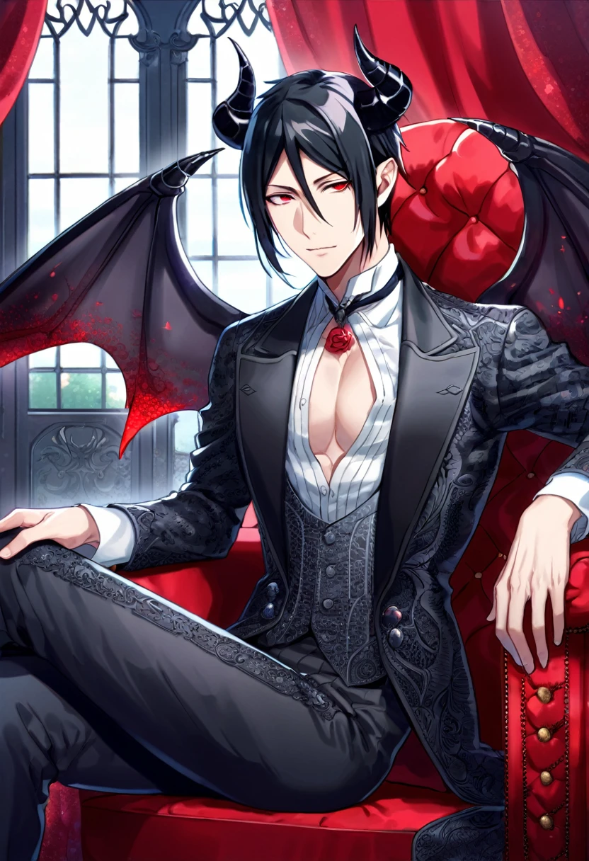 Ultra detailed, Highres, absurdres, HDR, Sebastian Michaelis, black hair, expressive red eyes, black coat with patterns, Kuroshitsuji, white shirt, fantasy, red curtains, petals, handsome, sexy man, solo, very detailed eyes and face, master piece, toned chest, mansion, window, sitting, throne, black pants, Black Butler, black demon horns, black demon wings, magical, red roses