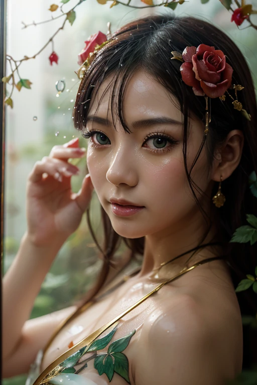 Anime, creaking ,drops of water on glass,delicate watercolor ,Jean Baptiste monge,fantasy , body art body of a Japanese beauty behind glass, lush scarlet roses,green leaves in dew, ,decorations,huge eyes long thick eyelashes, hyper detail, ,Lighting effects, ornate,Chinese Painting,colorful,filigree gold