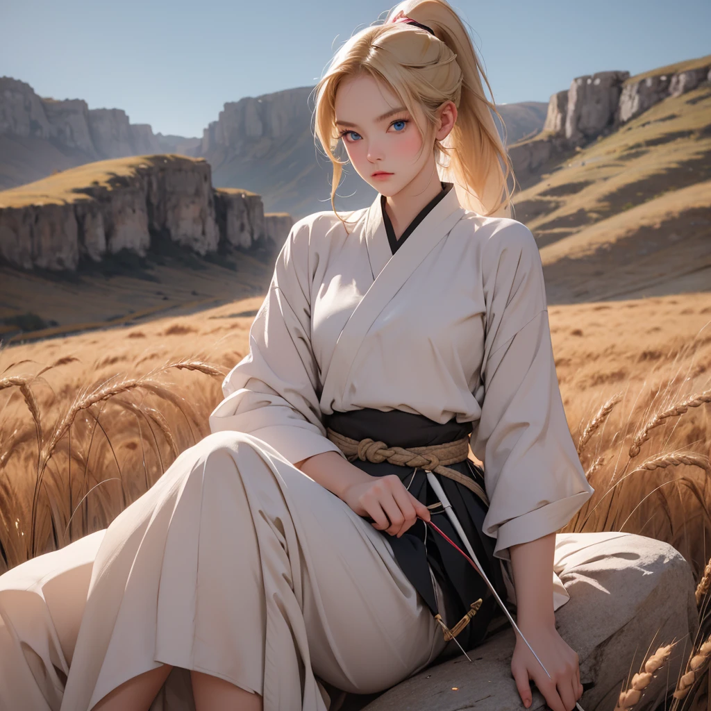 1girl, blonde ponytail, blue eyes, sexy traditional archery clothes, sitting on the rock, wide wheat field, angry face, 8K, Hi-Res