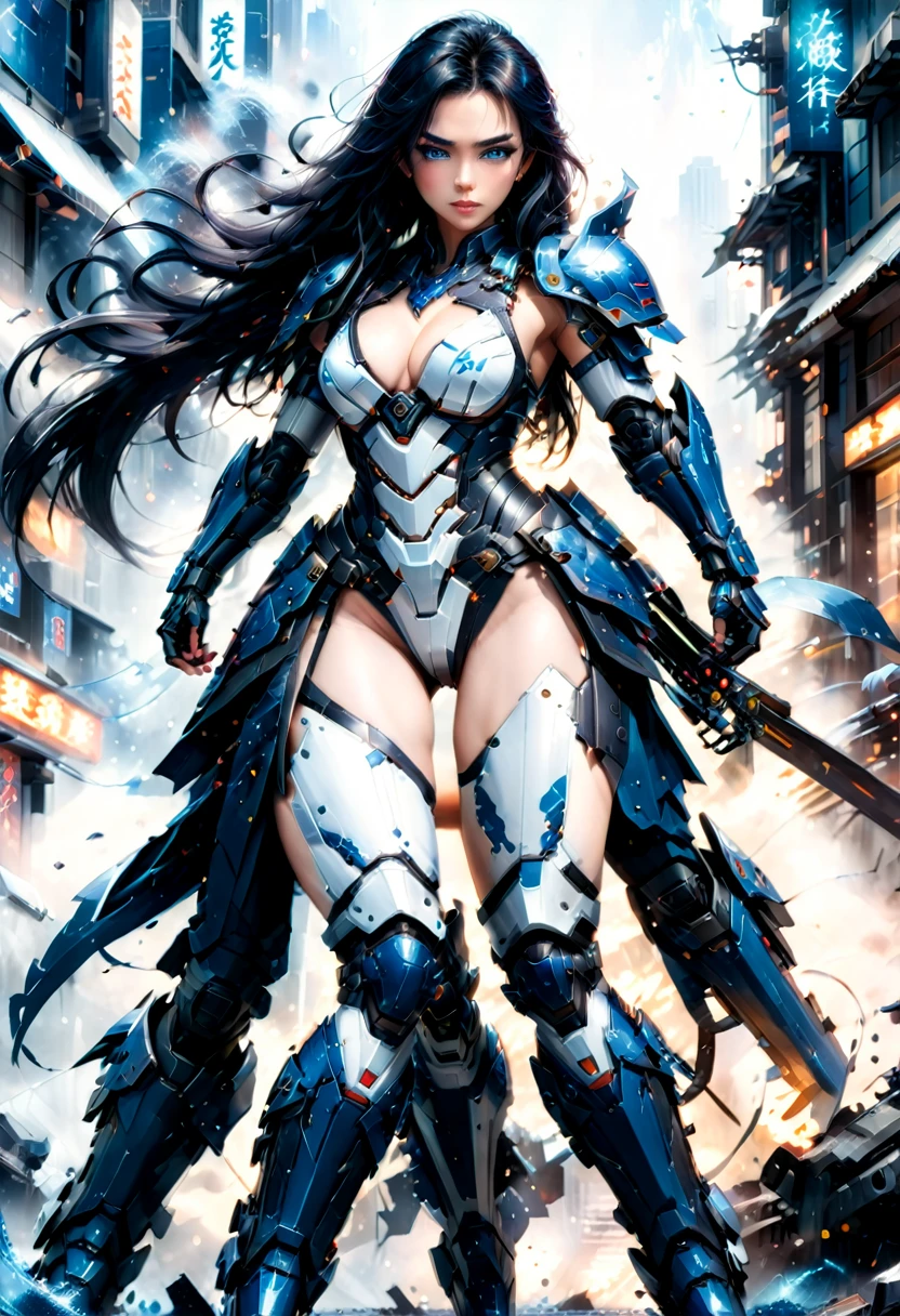 Japanese water color art picture of a mecha samurai woman in cyberpunk city, a mecha samurai woman, exquisite beautiful woman, fully clothed black hair, long hair, (blue eyes: 1.3), she stands ready to battle, wearing (white mecha armor: 1.3), high heeled boots, she is armed with a Japanes sword, Japanese Cyberpunk city at night, background, (Masterpiece: 1.5), 16k, highres, best quality, high details, ultra detailed, masterpiece, best quality, (extremely detailed), arafed, mecha, drkfntasy