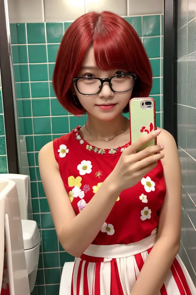 14 year old teenager japanese girl wearing thin glasses with short VERY BRIGHT RED HAIR haired bob with bangs straight face holding flowers medium quality in a bathroom looking at the mirror while taking a selfie with her phone imperfect skin wearing a black kpop outfit