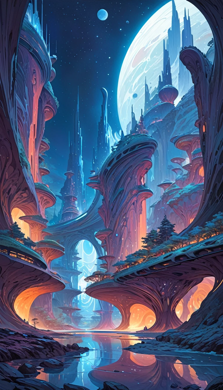 great futuristic landscape:1.5, night (inspired by art by Moebius). oil painting)
