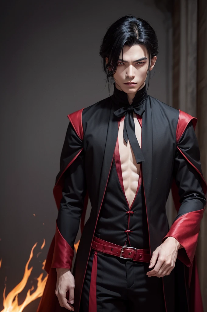Create a Japanese manga-style vampire, he is very elegant, com uma roupa nobre de quem mora em castelo, essa roupa deve ser preta, His eyes are camesin red and he has black fire powers.