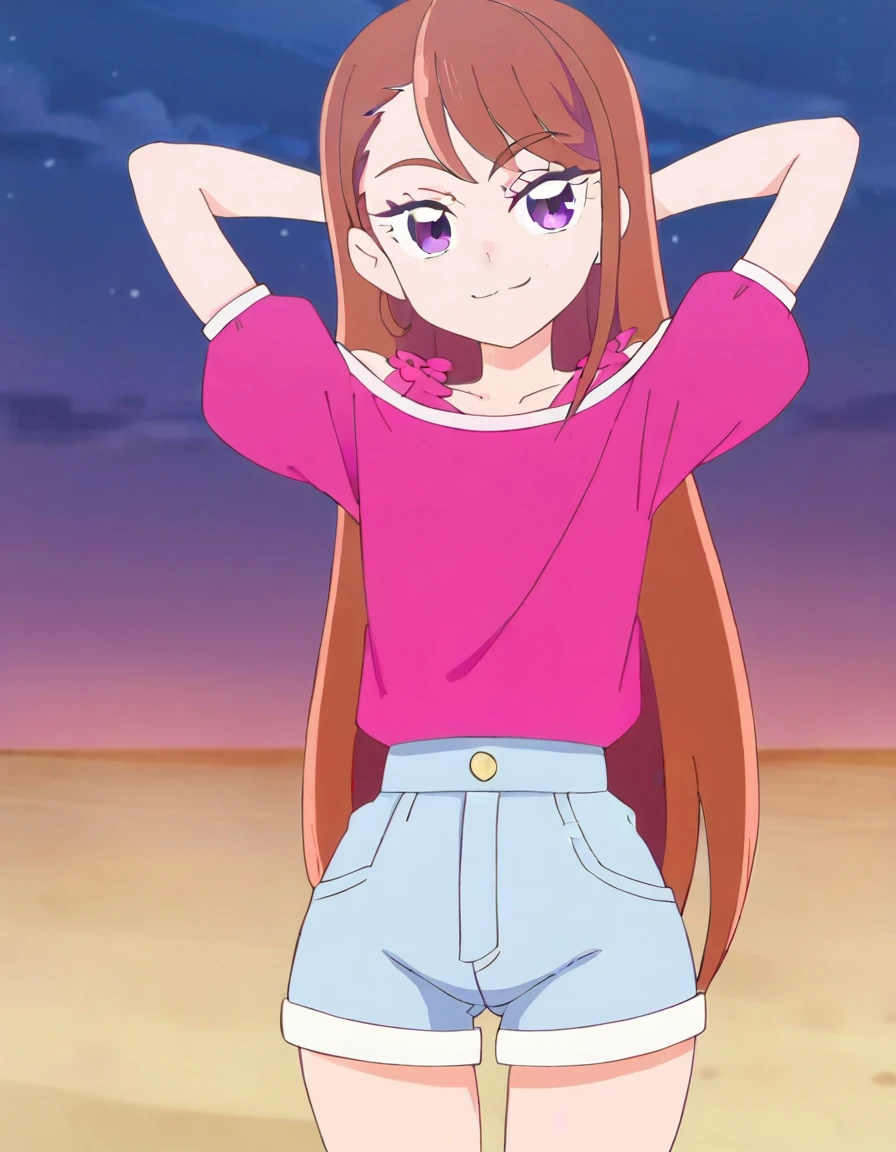 hijiri ageha, brown hair, long hair, purple eyes,
pink shirt, off-shoulder shirt, puffy short sleeves, denim shorts, high quality, solo, 1girl, night sky, beach, arms behind head, (contrapposto), closed mouth, spread armpits, (cowboy shot:1.5), looking at viewer, smile, best quality, smirk,