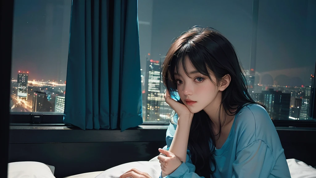 ((High quality, 8k, perfect quality, realistic)), beautiful, perfect face, gazing out the window, nighttime, ((dark room)), Before sleeping, restless, short nightgown, staring at the window, city night view, hair color black and cyan, night city