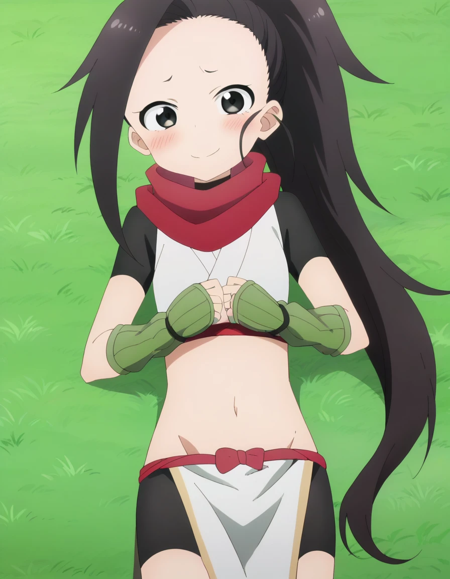  anime coloring, anime screencap, source_anime, anime,uncensored ,BREAK1girl,kunotsubaki, black eyes, black hair, long hair, asymmetrical bangs, forehead, high ponytail, ponytail,shirt, navel, red scarf, scarf short sleeves, pelvic curtain, shorts, green gloves, arm warmers, fingerless gloves,  BREAK, high quality, solo, lying, on back, arms up, spread arms, closed mouth, on grass, (cowboy shot:1.5), looking at viewer, nervous, smile, best quality, blushing, center,