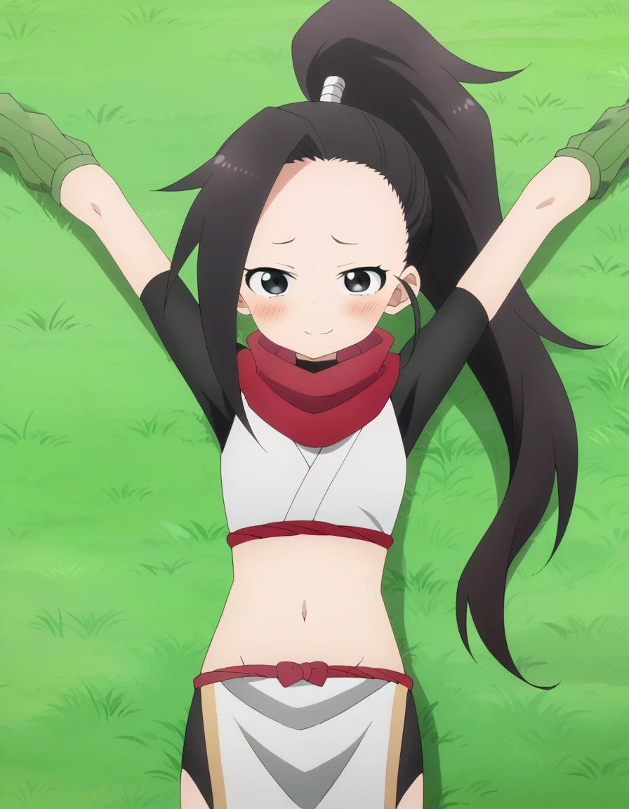  anime coloring, anime screencap, source_anime, anime,uncensored ,BREAK1girl,kunotsubaki, black eyes, black hair, long hair, asymmetrical bangs, forehead, high ponytail, ponytail,shirt, navel, red scarf, scarf short sleeves, pelvic curtain, shorts, green gloves, arm warmers, fingerless gloves,  BREAK, high quality, solo, lying, on back, arms up, spread arms, closed mouth, on grass, (cowboy shot:1.5), looking at viewer, nervous, smile, best quality, blushing, center,