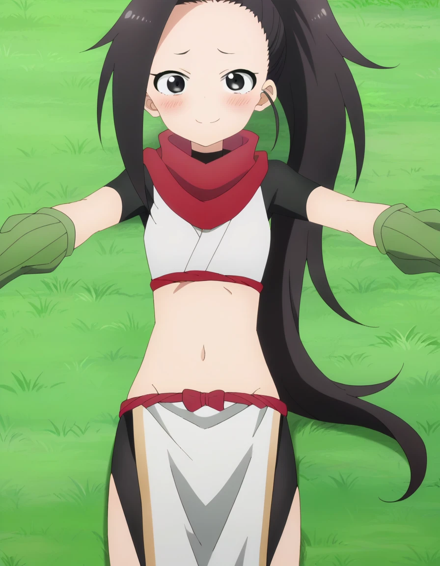 anime coloring, anime screencap, source_anime, anime,uncensored ,BREAK1girl,kunotsubaki, black eyes, black hair, long hair, asymmetrical bangs, forehead, high ponytail, ponytail,shirt, navel, red scarf, scarf short sleeves, pelvic curtain, shorts, green gloves, arm warmers, fingerless gloves, BREAK, high quality, solo, lying, on back, arms up, spread arms, closed mouth, on grass, (cowboy shot:1.5), looking at viewer, nervous, smile, best quality, blushing, center,