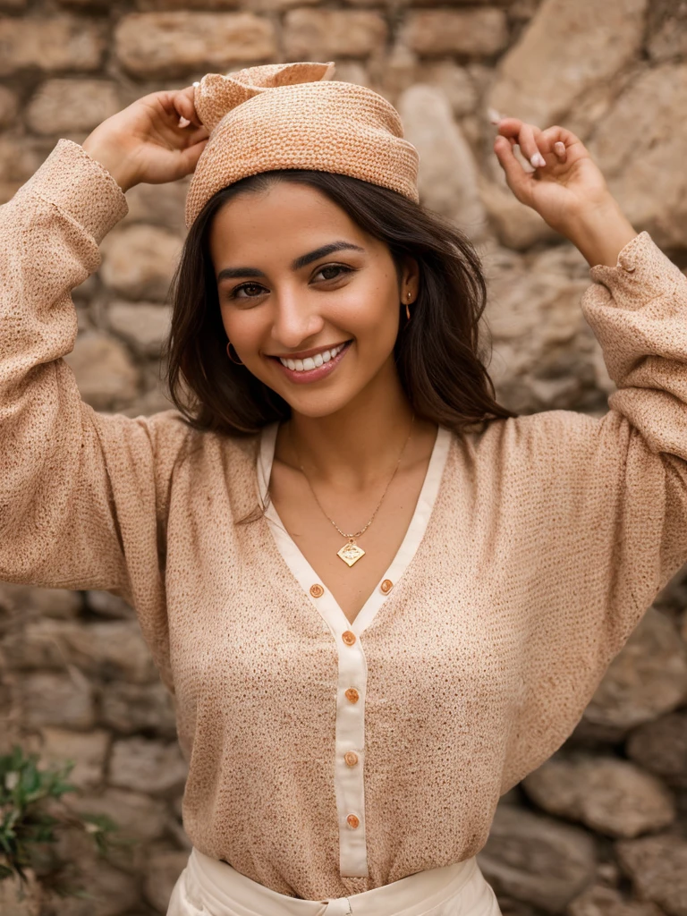 28YO, one women, cute smile, white teethes, Arab, from Jordan, long burnt orange shirt, light brown eyes