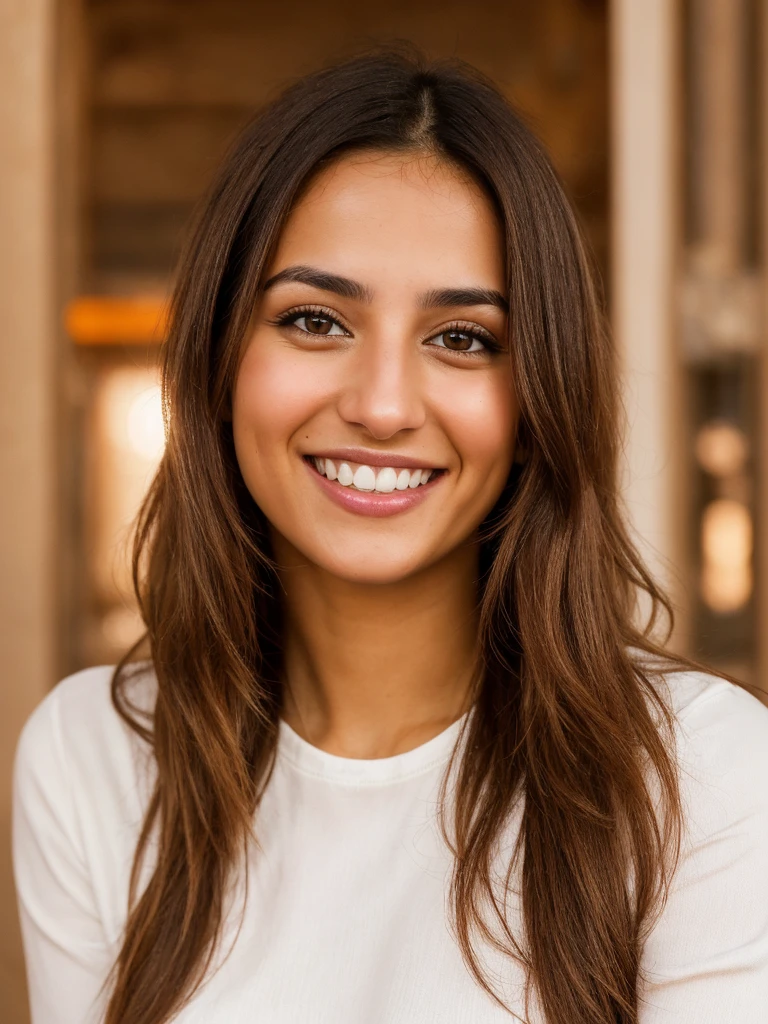 28YO, one women, cute smile, white teethes, Arab, from Jordan, long burnt orange shirt, light brown eyes