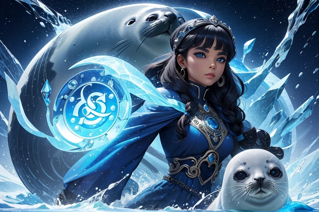 beautiful humanoid seal, detailed seal face, powerful seal mage, Chanel hairstyle, mighty seal mage, mythical, best quality, beautiful, extremely powerful, seal, majestic seal, seal goddess, icy seal, lovely seal, magnificent seal