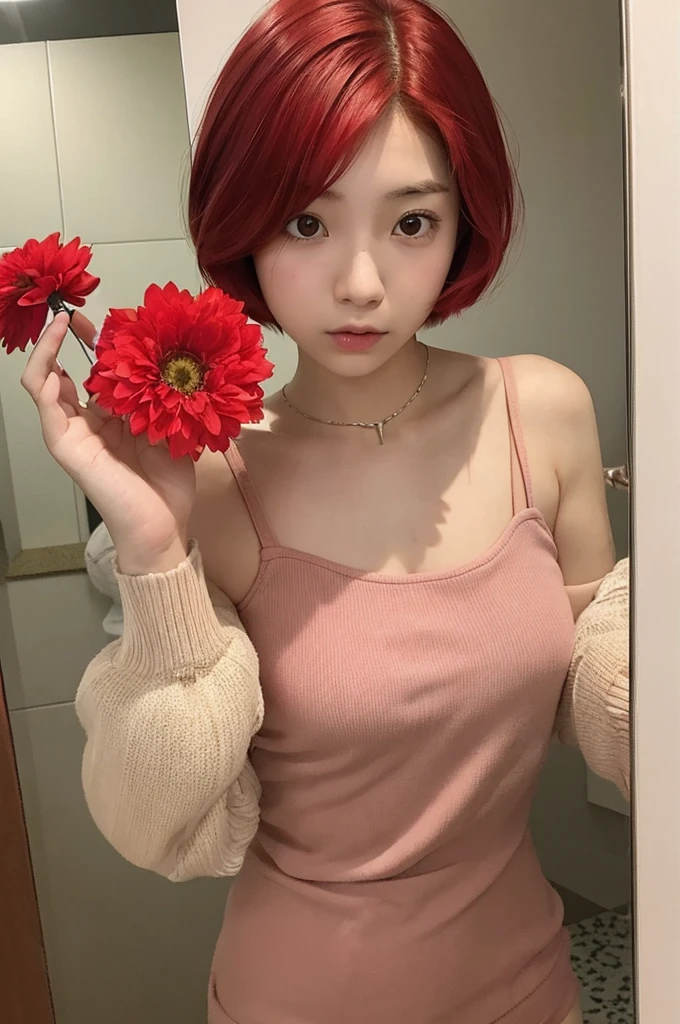 14 year old teenager japanese girl with short VERY BRIGHT RED HAIR haired bob straight face holding flowers medium qulaity in a bathroom looking at the mirror while taking a selfie with her phone imperfect skin wearing a kpop outfit