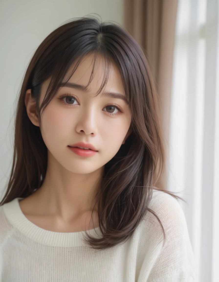 japanese woman, (close-up:2), (natural lighting),wavy hair, forehead, (dark brown eyes),(from side), (downward slanting eyes),pouty,
(white sweater),(dyanmic posing)
(see-through curtain, bright room)