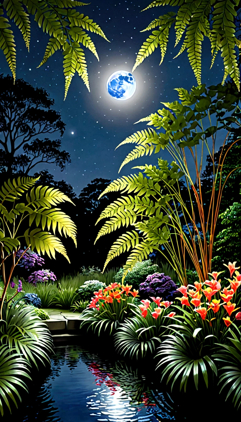 super moon,moonlit night,(Masterpiece, Best quality, High quality, A high resolution:1.4), Extremely detailed, ambient soft lighting, 4K, Outdoors, Nature, forest, green trees, Grass, a plant, Flowers, River, Caustics, water flow, Ripples, (waterfallr:1.2), pond, jungles, dense foliage, fern, fantastic scenery, transparency, angles looking up from below, various jewels falling from the sky, wonderful and beautiful superb view, slightly hazy, fantastic, high resolution, 8K, (best quality, highres, realistic:1.37), shiny metallic flowers, intricate and delicate petals, reflective surfaces, vibrant colors, intricate details, close-up view, surreal garden, surreal beauty, dreamy atmosphere, fine art, abstract botanicals, metallic sculpture, contrasting textures, ethereal glow,moonlit night